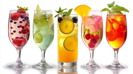 Fototapeta premium Vibrant assortment of refreshing beverages served in glasses, garnished with fresh fruits and herbs on a white surface.