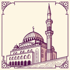 Vector art of elegant mosque illustration with intricate details and a serene color palette, perfect for islamic art, architecture, and cultural themes