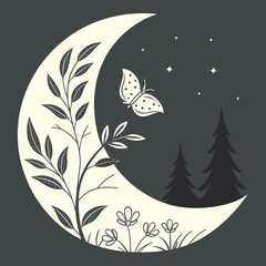 Vector art of enchanting crescent moon illustration featuring a delicate butterfly, blooming flowers, and lush foliage against a backdrop of twinkling stars and majestic pine trees