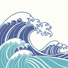 Vector art of great wave off kanagawa with mount fuji in the background, a japanese ukiyoe woodblock print from the edo period, featuring a large wave and a small mountain