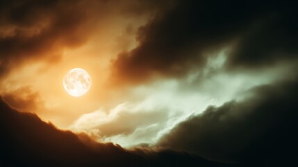 Dramatic sunset over mountains with a glowing moon illuminating the clouds in a serene evening sky