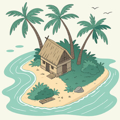 Vector art of tropical island illustration a serene scene with palm trees, a hut, and turquoise water, perfect for vacation and relaxation themes © Ashik