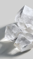 Clear transparent quartz crystal chunks with geometric faceted surfaces casting shadows on white background for natural mineral gemstone decoration modern minimalist aesthetic product photography
