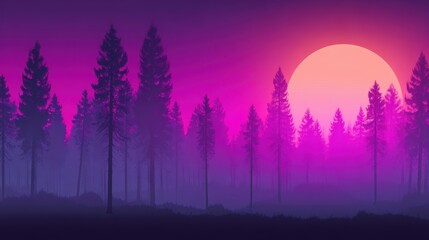 Naklejka premium Vibrant sunset casting purple and pink hues over a serene forest landscape with silhouetted trees