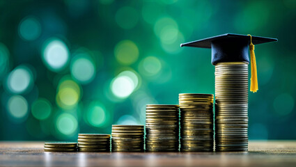 Stacks of coins topped with graduation cap symbolizing financial support for higher education success.