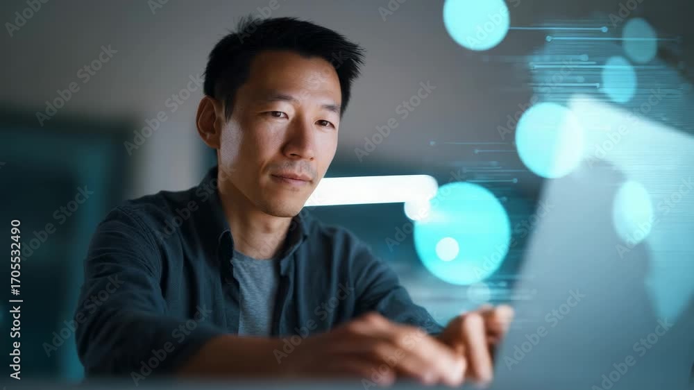 Poster Concentrated asian developer coding during nighttime, surrounded by holographic data visualization with world map interface projecting digital information