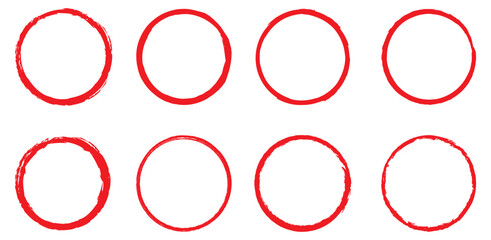 Grunge circles brush set. red circle frames.  round circle for marking text, note, number, marking any object, marker pen . vector illustration .