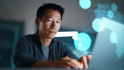 Concentrated asian developer coding during nighttime, surrounded by holographic data visualization with world map interface projecting digital information - Powered by Adobe