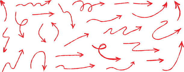 Red Hand Drawn Arrows Collection. Doodle Sketch Pointers, Curved Lines, Wavy Swirls, Looping Directions Set