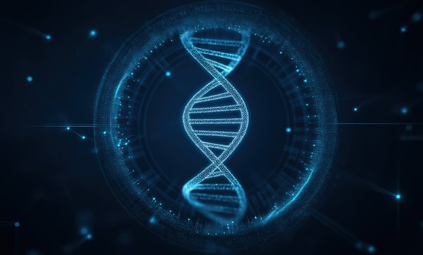 DNA symbol with digital data flowing in blue circular logo background, representing genetics research, biotechnology innovation, and medical science applications.