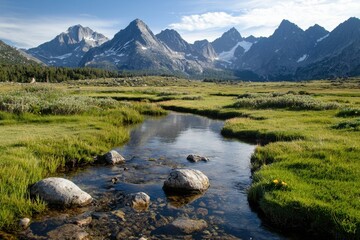 Scenic mountain meadow with winding stream flowing through green grass under blue sky with clouds and rugged snow capped peaks in background creating peaceful natural landscape