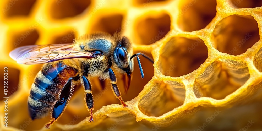 Poster close-up of a busy bee collecting nectar from flowers, creating golden honeycomb in the hive.