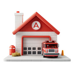 Red and white small fire station building with parked fire engine and safety cone, warm daylight scene