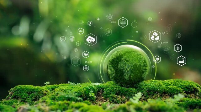 Green globe on moss with green forest icons - environment esg concept, ecology and sustainable environment of the world. Eco-friendly green business. ecology, earth day, csr and net zero