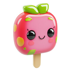 Cute pink fruit popsicle with smiling face and glossy leaves, playful summer dessert with cheerful expression