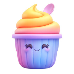 Cute pastel cupcake with smiling face and spoon, cheerful dessert illustration