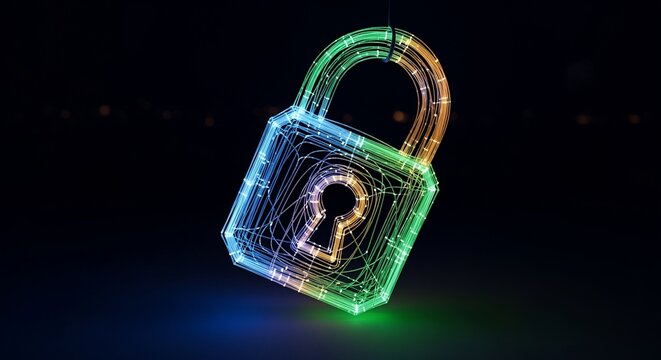 Glowing digital padlock with colorful network lines symbolizing cybersecurity and online safety on a dark background.