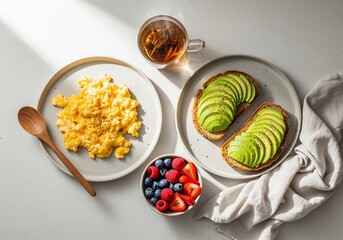Healthy Breakfast: Scrambled Eggs, Avocado Toast, Berries, Tea.
