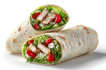 Two chicken and salad wraps stacked, showcasing fillings