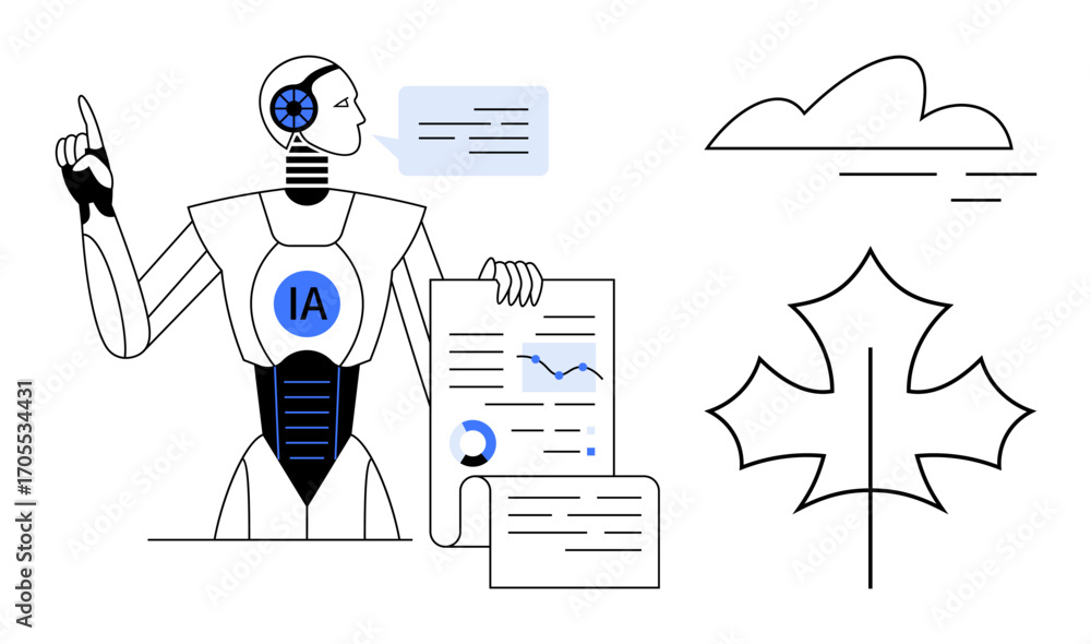 Poster robot examining charts with ai features, speaking bubble, cloud, leaf symbol. ideal for technology, 