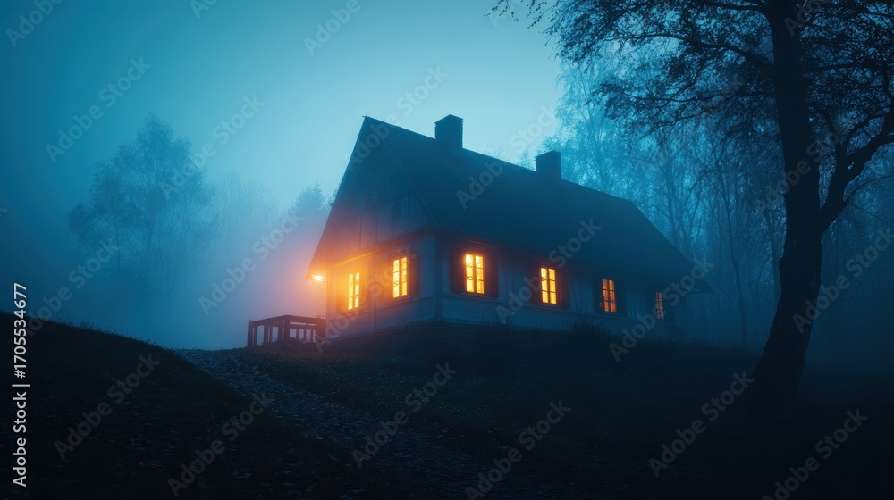 Poster mysterious foggy evening at a secluded house with glowing windows and trees in the background