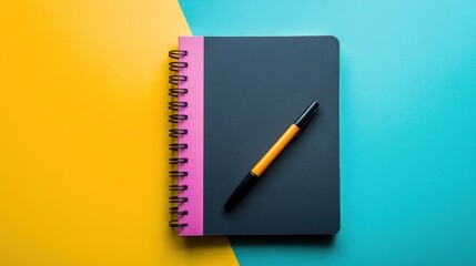 Creative workspace with a spiral notebook and pen on a vibrant backdrop