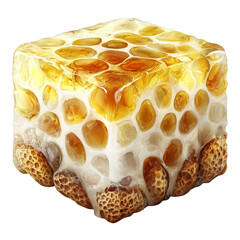 Golden honeycomb square glistening with dripping syrup and textured wax, appetizing and warm natural dessert feel