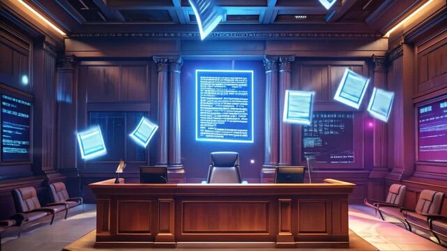 Futuristic Courtroom with Floating Documents and Holographic Displays Visualization