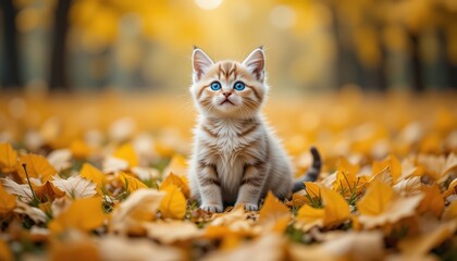 Adorable Kitten Amidst Autumn Leaves