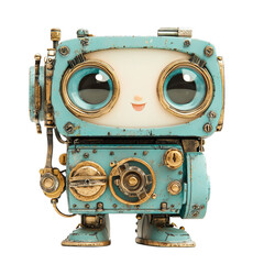 Vintage turquoise robot toy with big round eyes and cheerful expression, worn metal texture, whimsical mood