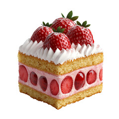 Strawberry sponge cake slice with whipped cream, fresh strawberry topping and creamy strawberry filling, appetizing dessert