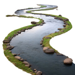 Winding River Flowing Through Green Banks With Rocks Isolated On White Background