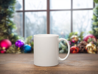 White ceramic coffee mug on a wooden table with blurred festive Christmas decorations in the background.