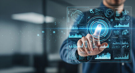 Person interacting with a digital hud display system. Ideal for technology companies ads, presentations, and articles. Shows a person using an interactive digital hud display system. Vibrant and futur