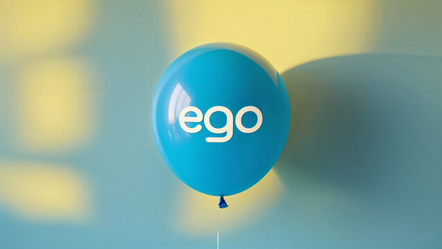 Blue balloon with ego text about to pop with pin, symbol of inflated ego and selfish pride.