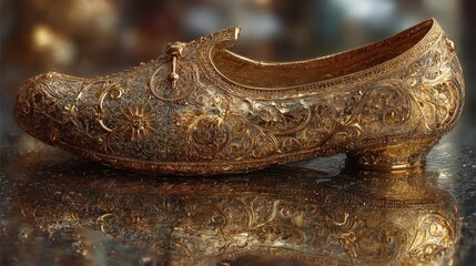 Ornate Golden Shoe with Intricate Designs and Reflective Surface