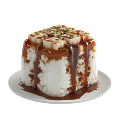 Cubed sushi rice tower with banana slices and caramel sauce, garnished with herb flakes, appetizing dessert presentation
