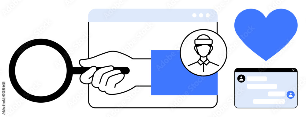 Poster magnifying glass inspecting user profile within a browser window, heart icon symbolizing support, an