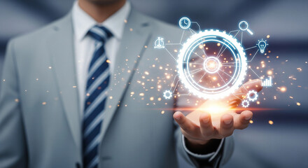 Businessman holding a glowing digital gear and icons. Ideal for technology, innovation, and business concepts. Great for digital marketing, website design, presentations, or social media platforms.