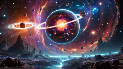 Obraz premium Fantasy Outer Space with Colorful Nebula, Ringed Planet and Crystal Asteroids