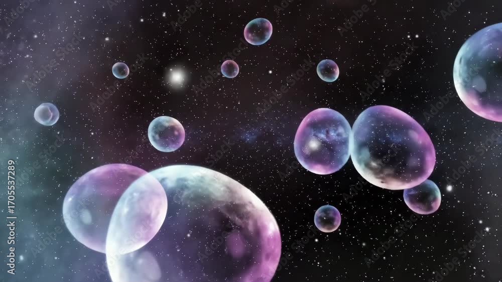 Poster abstract concept of universe with galaxy and glowing colorful bubbles in dark space representing cos