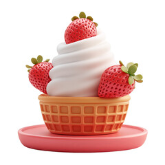Creamy soft serve ice cream with fresh strawberry garnish in waffle cup, playful dessert scene with bright color and joy