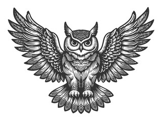 Obraz premium owl with detailed feathers and wings outstretched, symbolizing wisdom, mystery, and strength sketch engraving generative ai raster illustration. Scratch board imitation. Black and white image.
