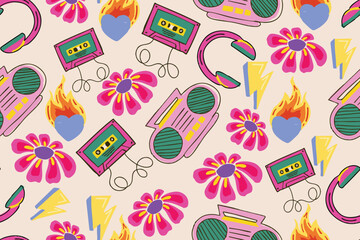 Boombox & Flower YK2 seamless music pattern for sampu cloth background, wrapping, etc.