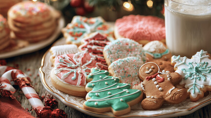 Festive christmas cookies and milk on a wooden table with holiday lights