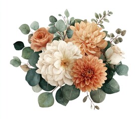 A muted palette floral arrangement.  Soft peach and cream blooms, dahlias and roses, nestled among green eucalyptus leaves