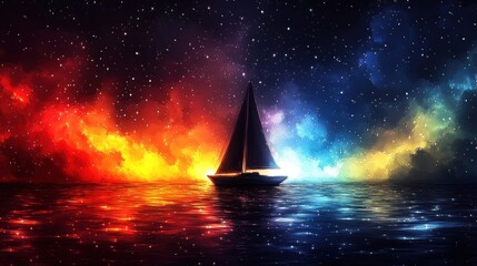 A sailboat on a sea of vibrant colors under a starlit sky