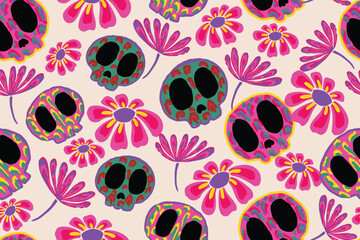 Skull & Flower Pattern yk2 for background cloth, sampu, etc.