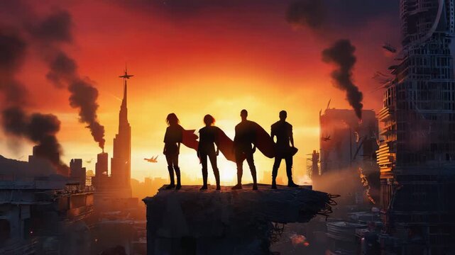 A low-angle wide cinematic shot of a superhero team&rsquo;s dark silhouettes jagged edge of a ruined skyscraper rooftop, glow of the fading sun, dramatically upward, heroic dominance