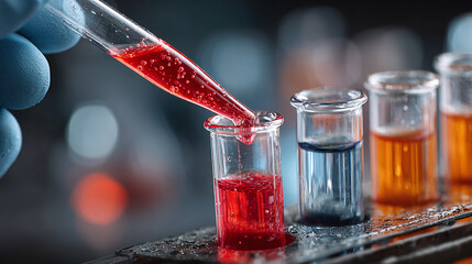 modern laboratory scene gloved hand carefully adding red liquid to test tubes showcasing scientific research precision focus chemical experiment laboratory analysis technique